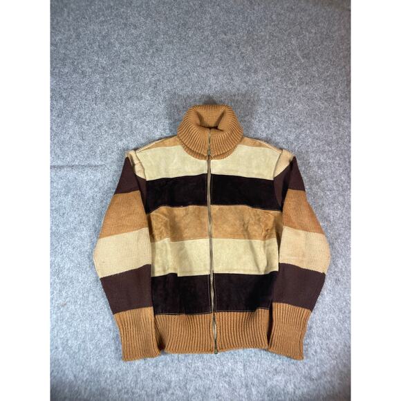 VINTAGE 90s Bomber Jacket Mens Medium Brown Leather Striped Knit Turtleneck Y2K - Picture 5 of 7
